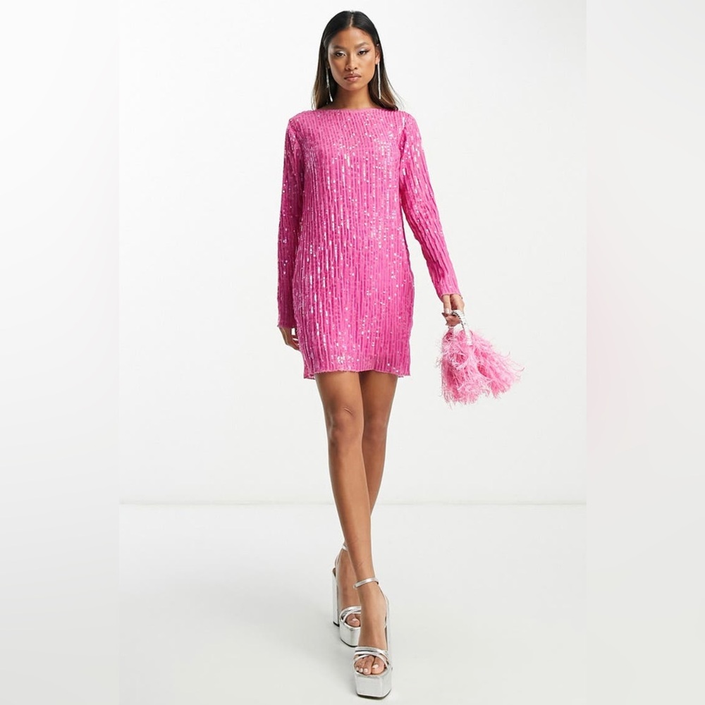 ASOS Design Sequin Stripe Long Sleeve Shift Cocktail Dress- Pink